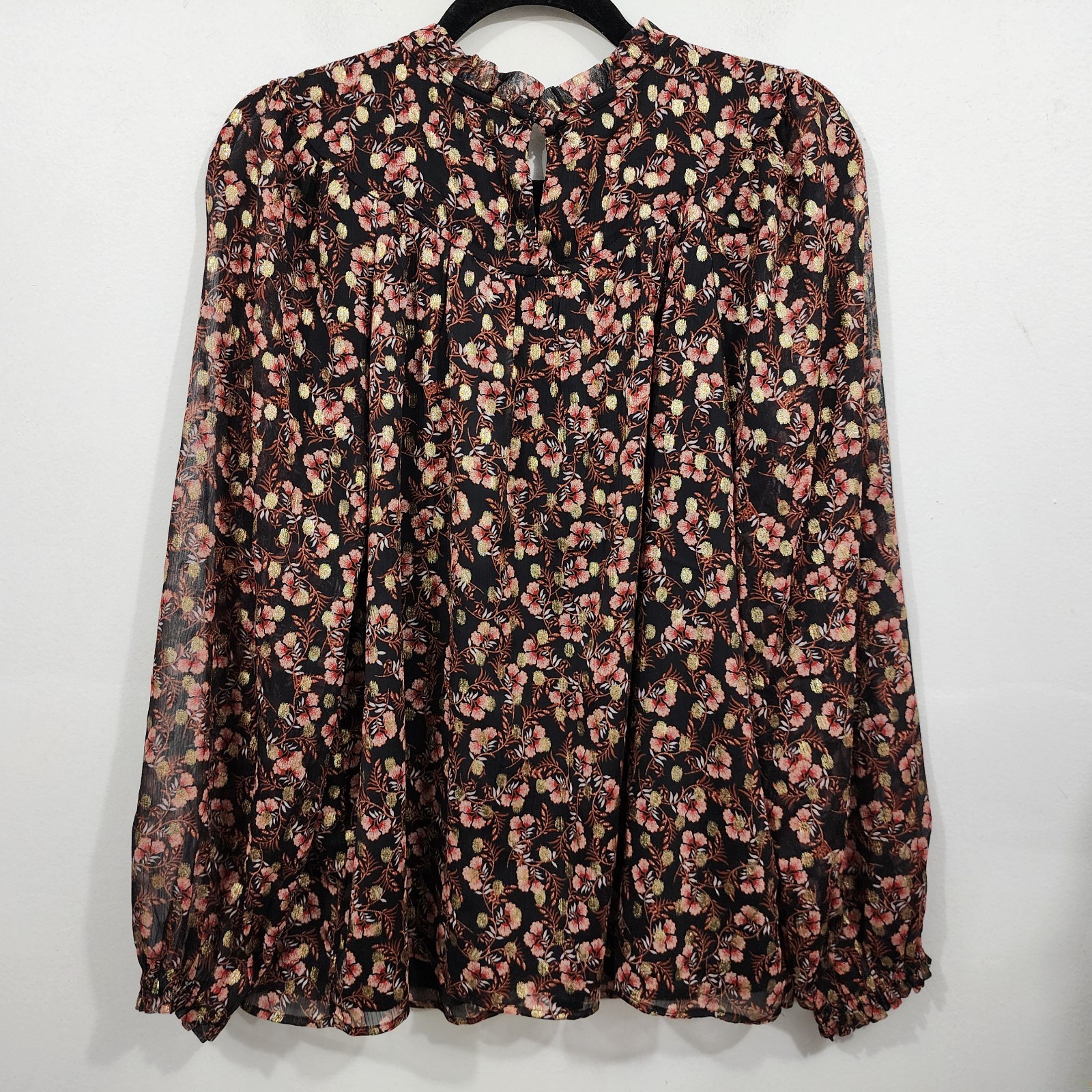 LOFT Shimmer Vine & Geo Clip Pleated Yoke Tops Set Womens L Long Sleeve Sheer