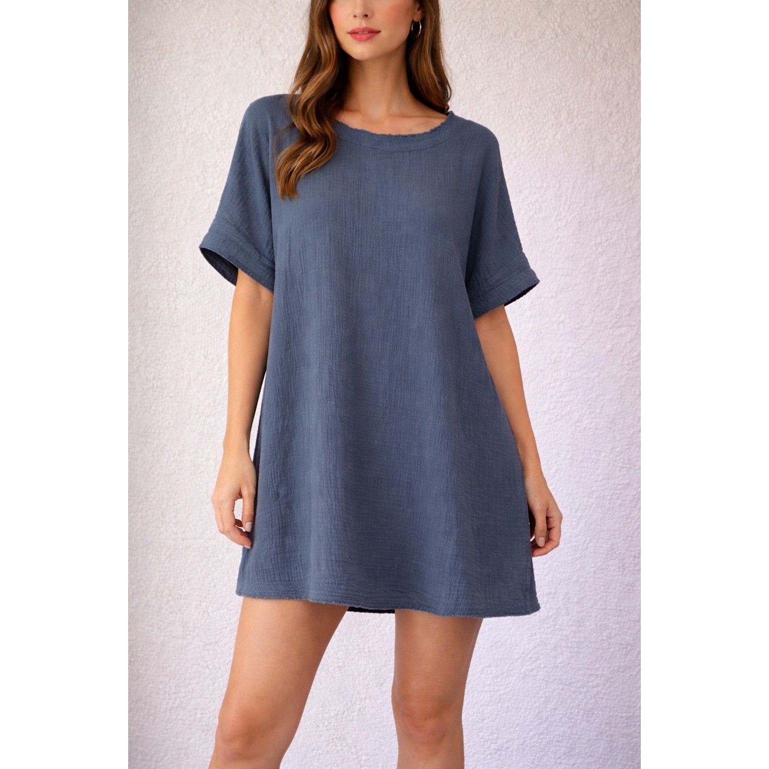NWOT Natural Life Blue Cotton Gauze Relaxed Boho Tunic Dress Short Sleeve Small