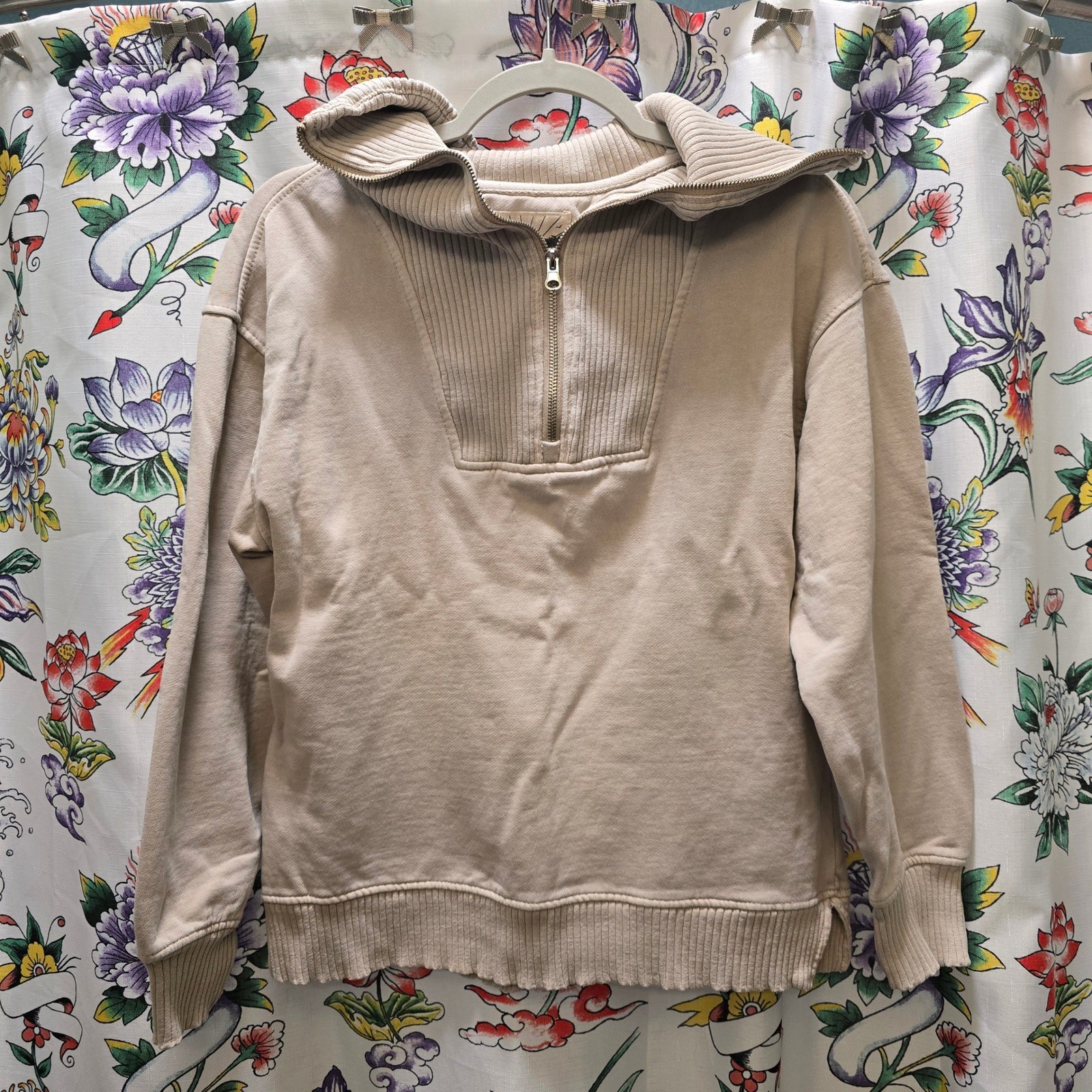 C&C California Sunwashed Quarter Zip Pullover Sweatshirt Beige Tan Womens Small