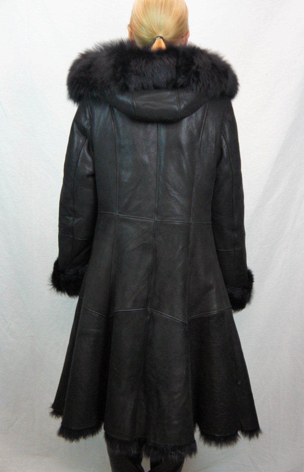 REAL 100% Sheepskin Shearling Leather Toscana Long Coat Hood DAKOTA BLACK XS-6XL