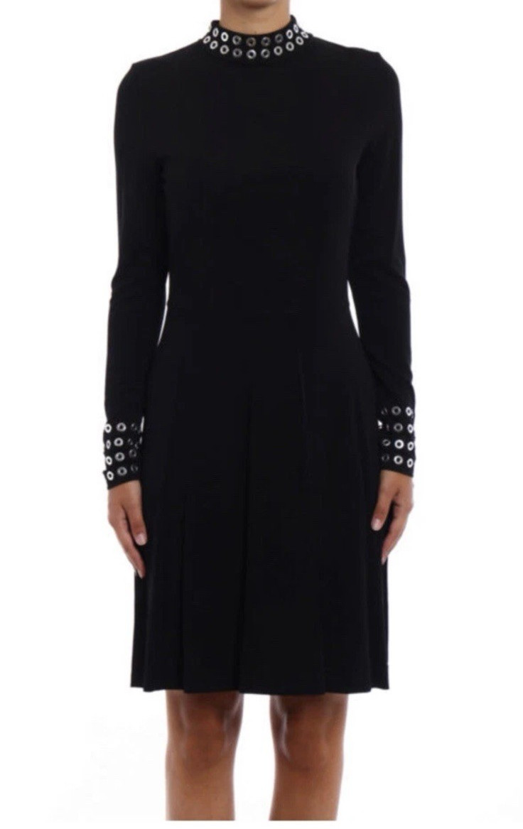 Carmen Marc Valvo Size 4 Black Fit & Flare Dress Silver Grommet Accents Womens