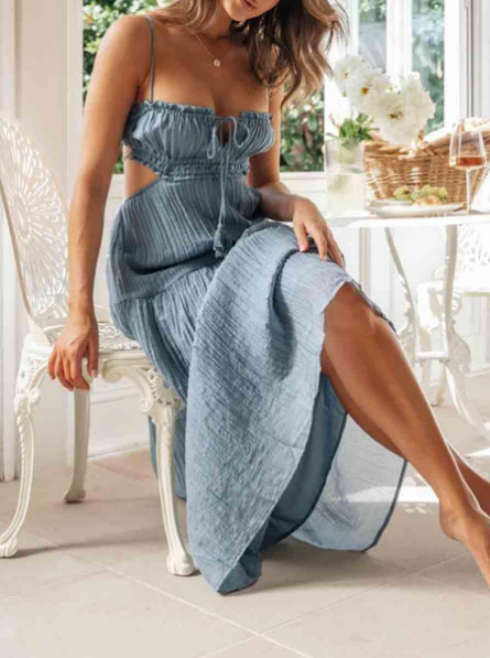 Molasey Tie Up Backless Ruffle Maxi Dress Blue Large Sexy Party Prom Cocktail