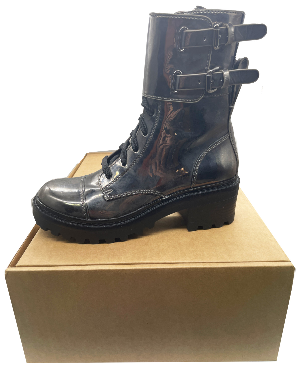 DKNY Combat Bart Bootie Glossy Gunmetal Side Zip Buckle Silver Chrome Size 6.5