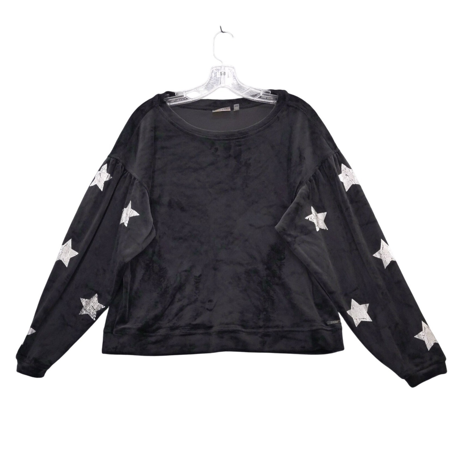 Nannette Lepore Black Velour Star Print Long Sleeve Pullover Top Sz S