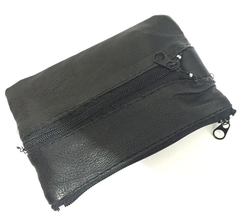 Black Genuine Leather Small Coin Holder Change Purse Zipper Key Card Wallet