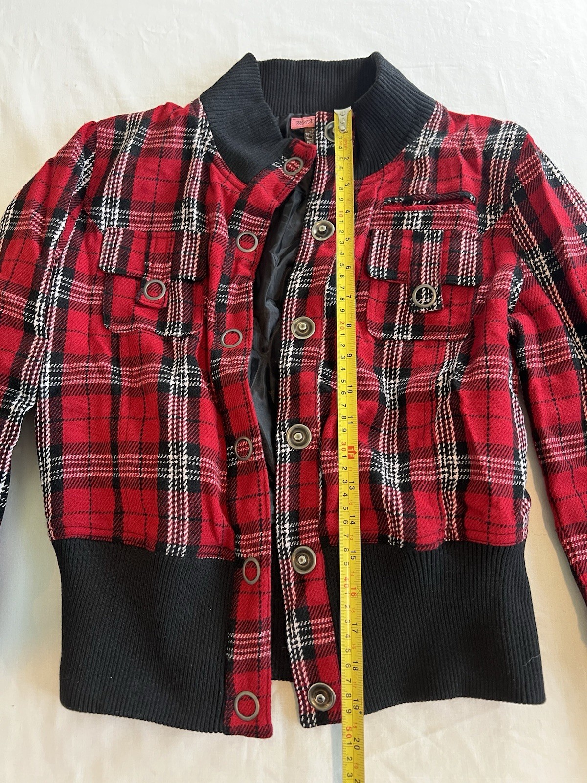 Vintage Red Black Plaid Bomber Jacket Snap Front Ribbed Trim Retro Punk L
