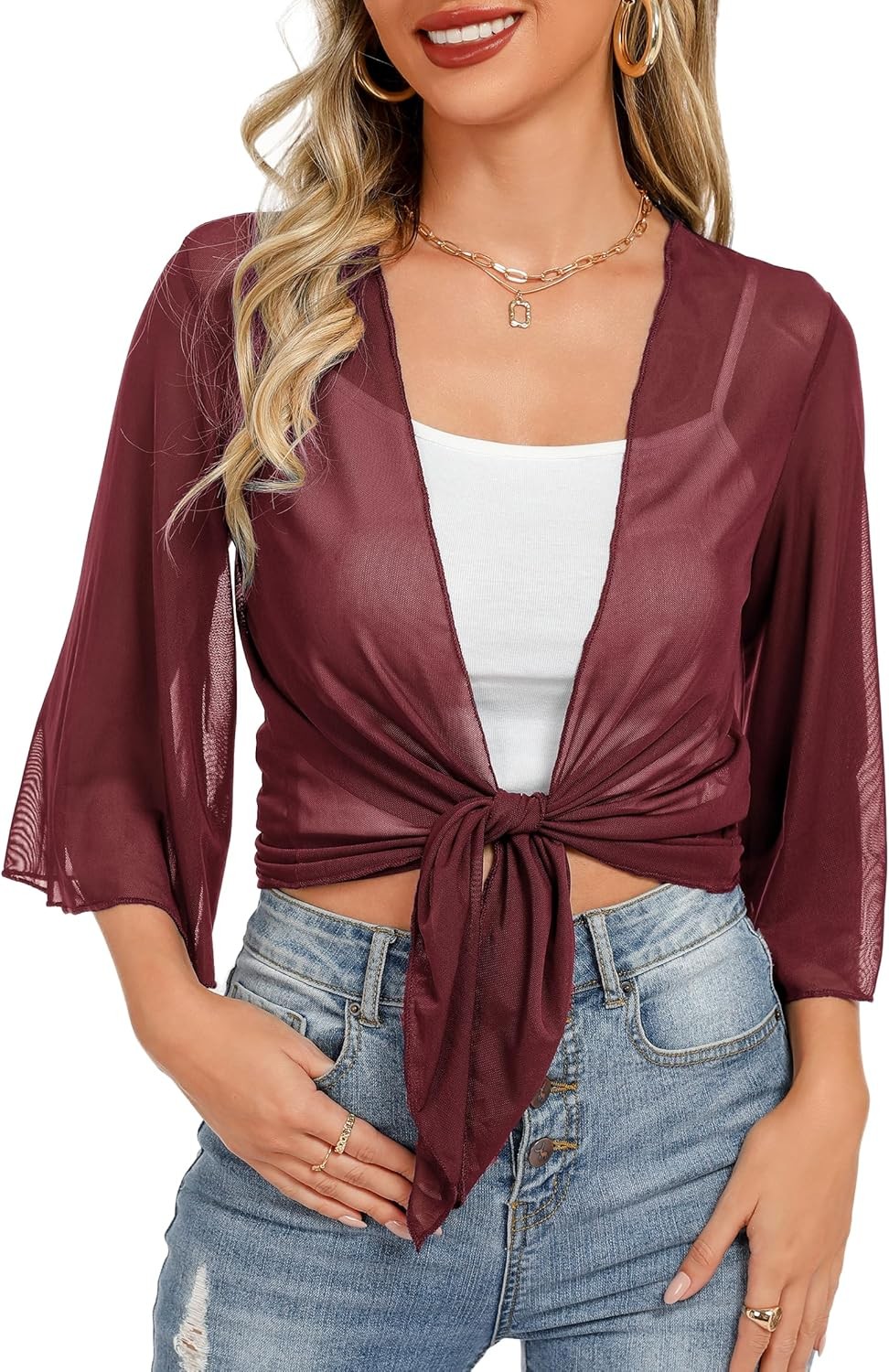 Womens Sheer Shrug Tie Front Cropped Bolero Cardigan Summer Bell Sleeve Top