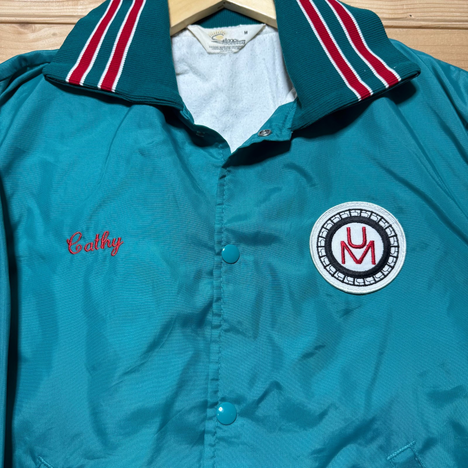 Vintage 90s University UM Patch Satin Bomber Jacket USA Made Medium