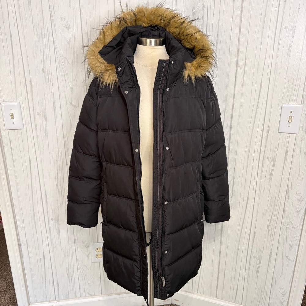 TOMMY HILFIGER Down Alternative Quilted Knee-Length Parka in Black, XXL