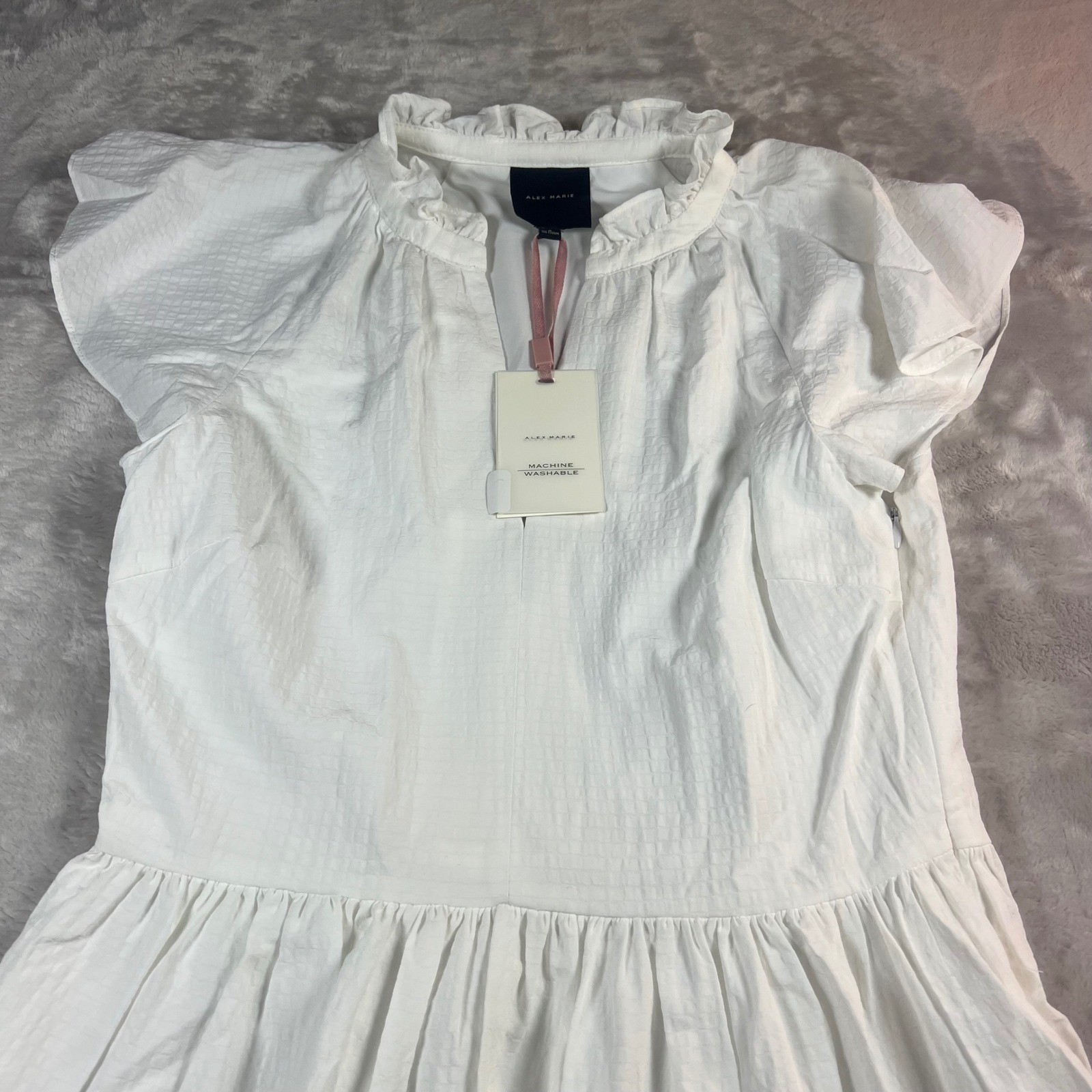 NWT Alex Marie Women’s 8 Vanya Dress White Ruffle Neck Tiered Flutter Sleeve