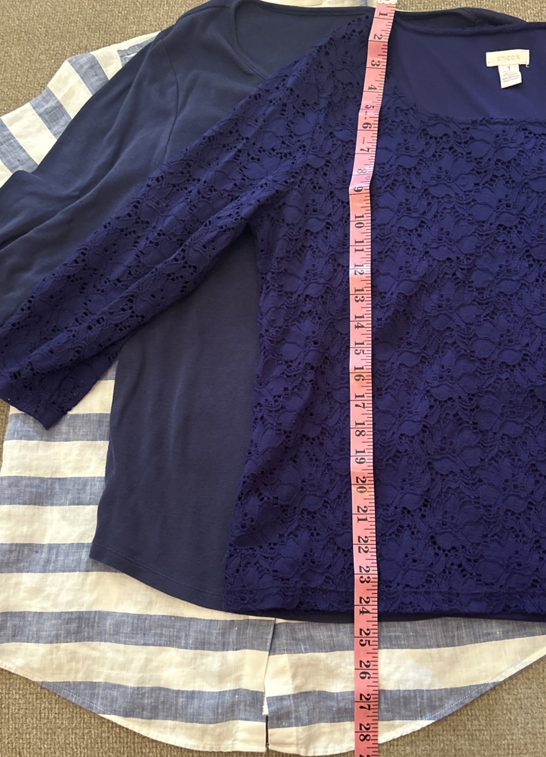 Lot 3-Chicos Top Women’s Floral Crochet Purple White Blue Stripe Navy SZ 1/M