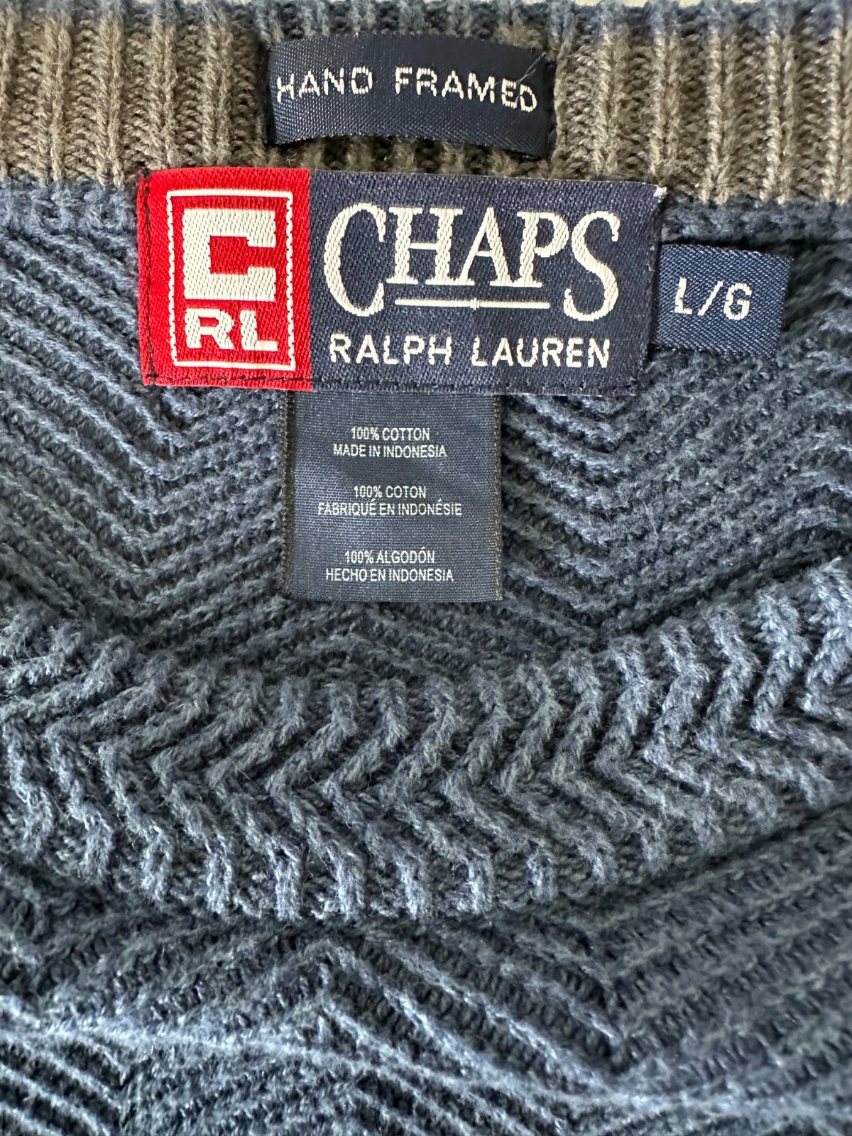 Chaps Ralph Lauren Mens Large Cotton Herringbone Sweater Blue Gray Crewneck