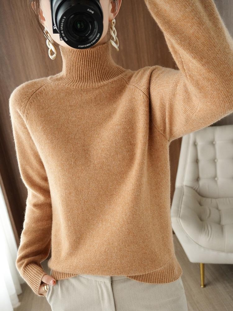 Women Merino Wool Sweater Mock Neck Cashmere Knit Winter Soft Top