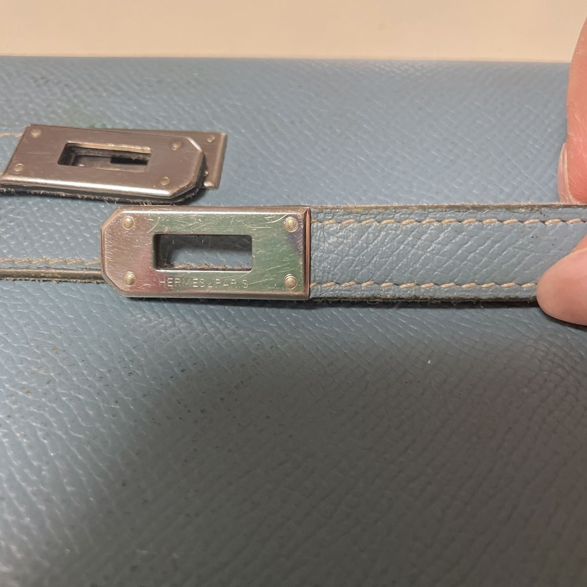 HERMES Paris Kelly Long Wallet Blue Jean Silver Folding Authentic Turn Lock