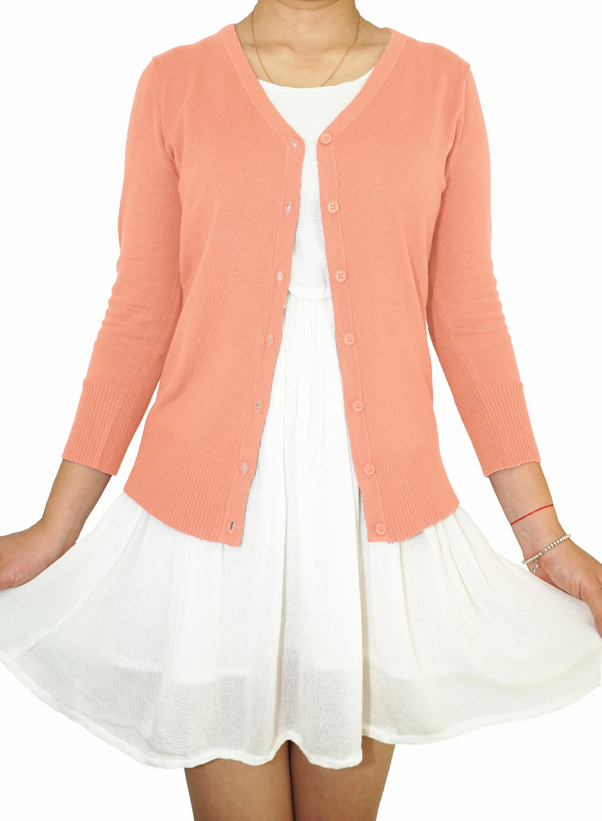 Women Fitted Cardigan V-Neck 3/4 Sleeve Vintage Soft Knit Basic & Plus Size USA