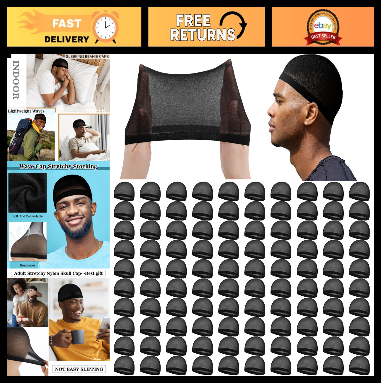 100 Pcs Stretchy Nylon Skull Caps for Men & Women – Lightweight Wave Beanie Hats