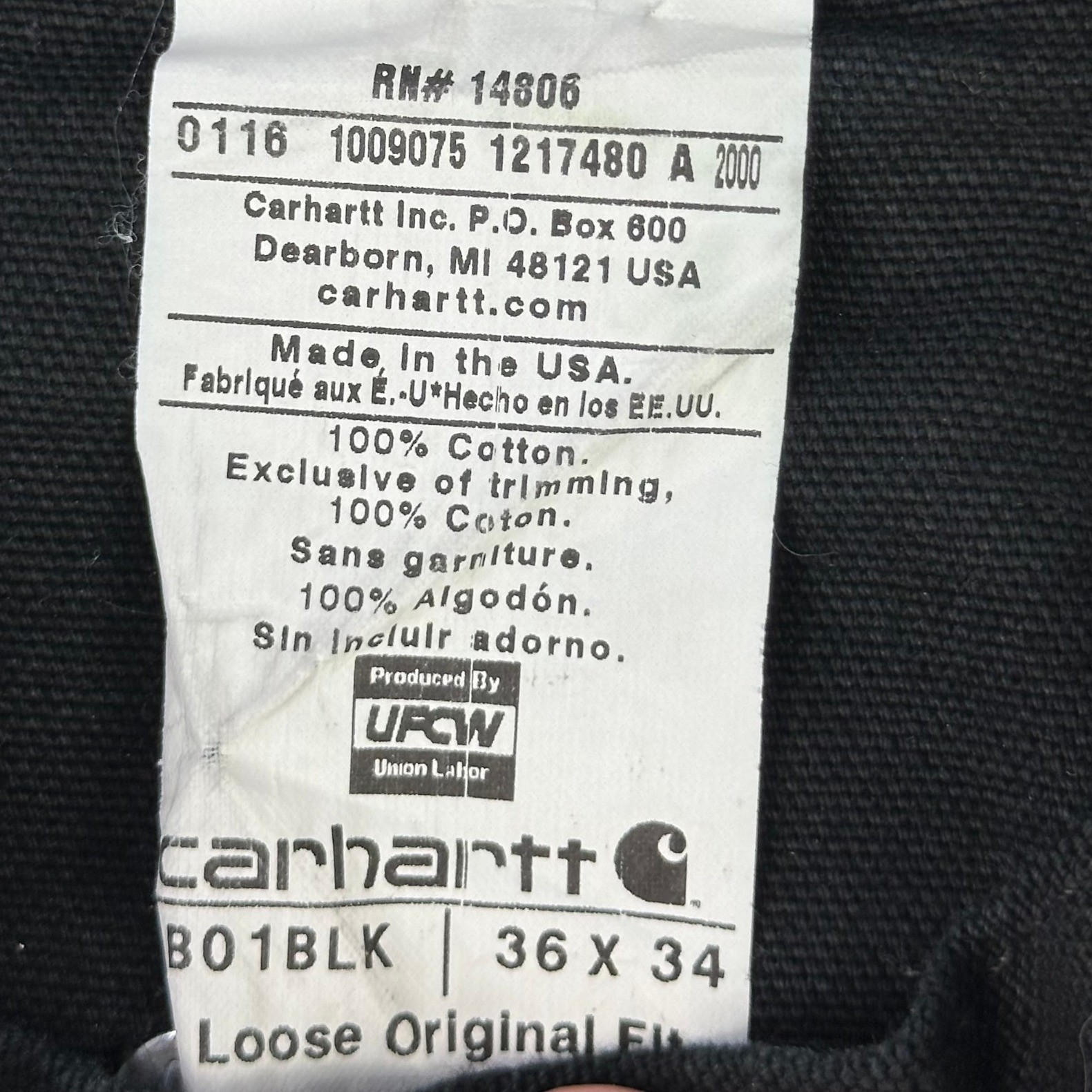 Carhartt Double Knee Work Pants B01-BLK Mens 36×34 Duck Canvas Loose-Fit USA Y2K