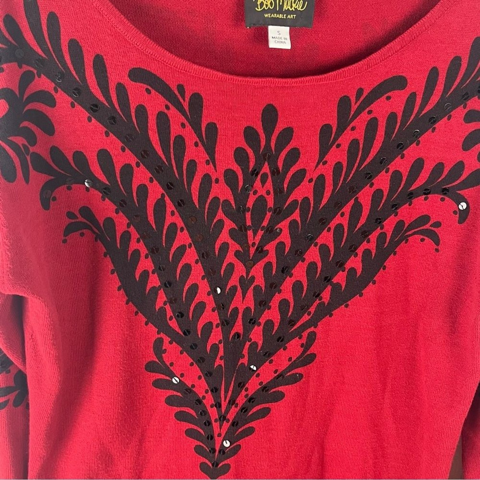 BOB MACKIE Red Black Embroidered Sequins Long Sleeves Wearable Art Blouse Small