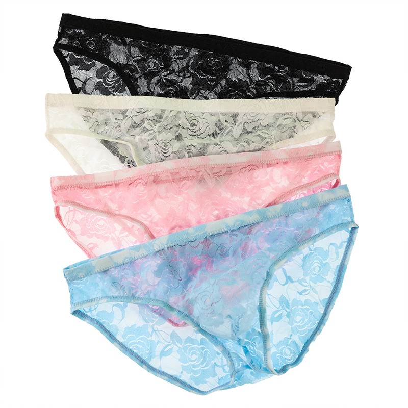 4 Pack Lot Sexy Mens Transparent Lace Underwear Briefs Low Waist Underpants Soft