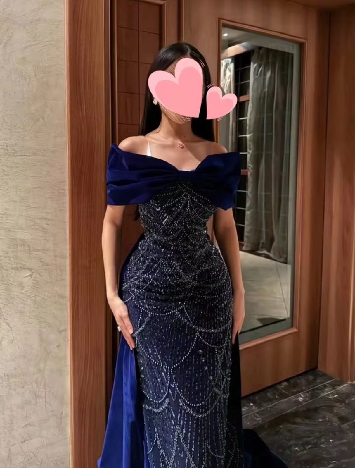 Women’s Blue Off-Shoulder Beaded Sequin Formal Long Gown Dress Size M