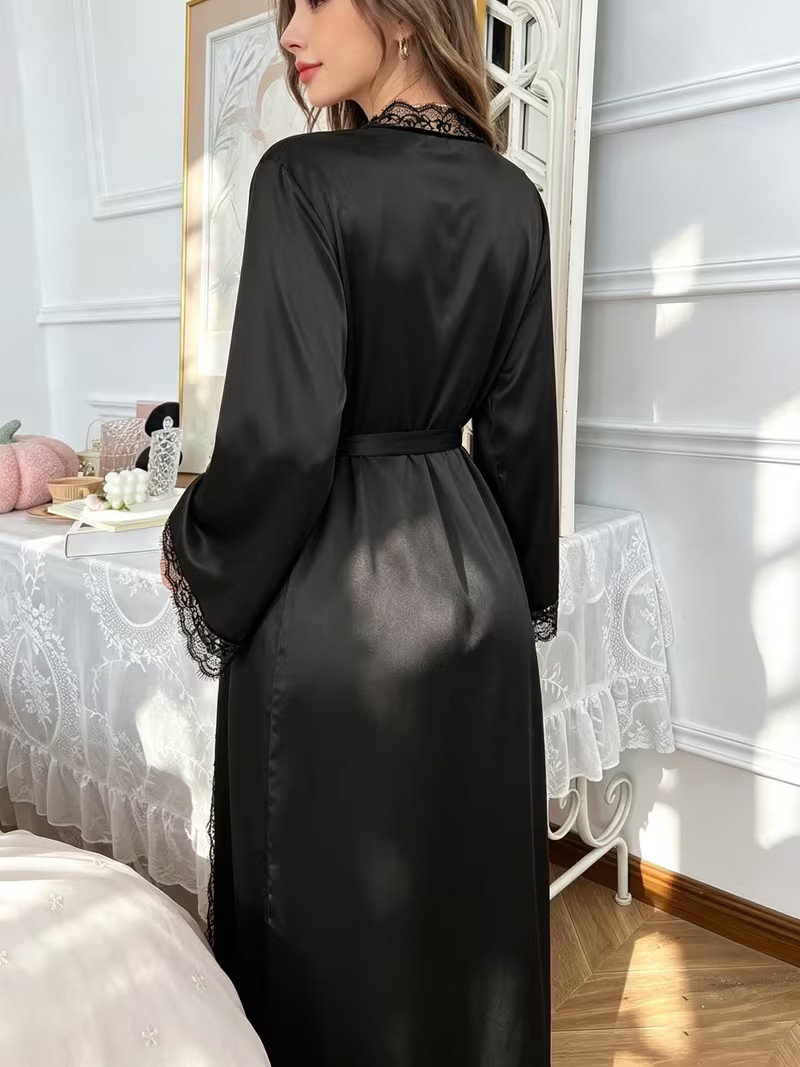 New Elegant Sexy Black Satin Long Sleeve Lace Accent Robe 4X NEW