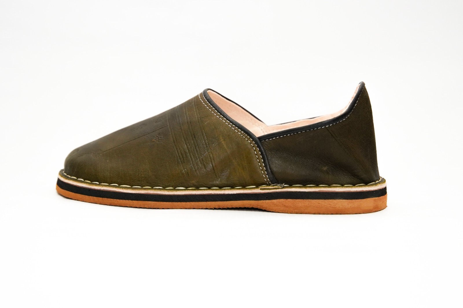 Handmade Moroccan Babouche Slippers for Men – Olive Green Leather – Organic Shee