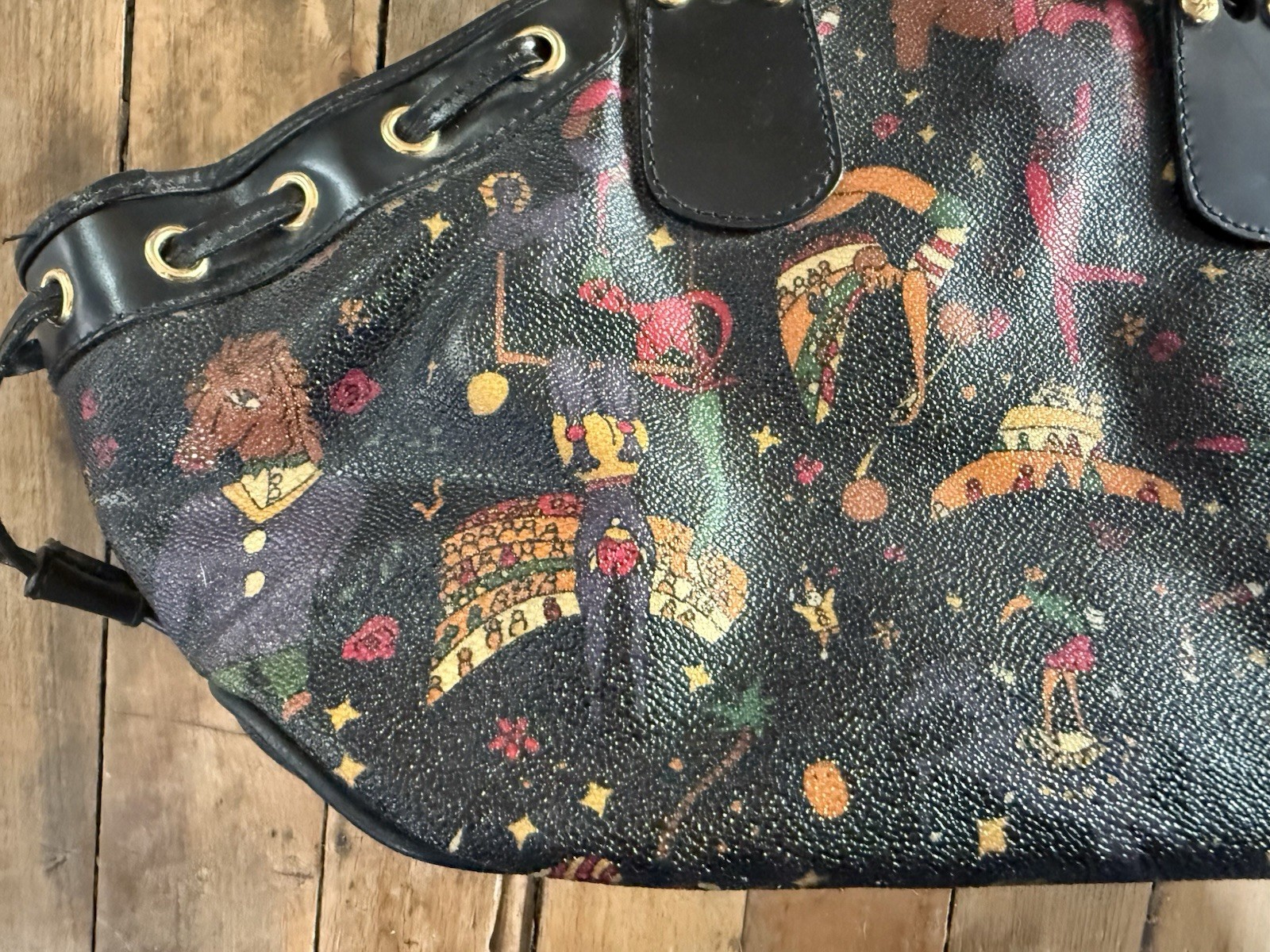Piero Guidi Magic Circus Large Satchel Bag Black Multicolor Gold Hardware