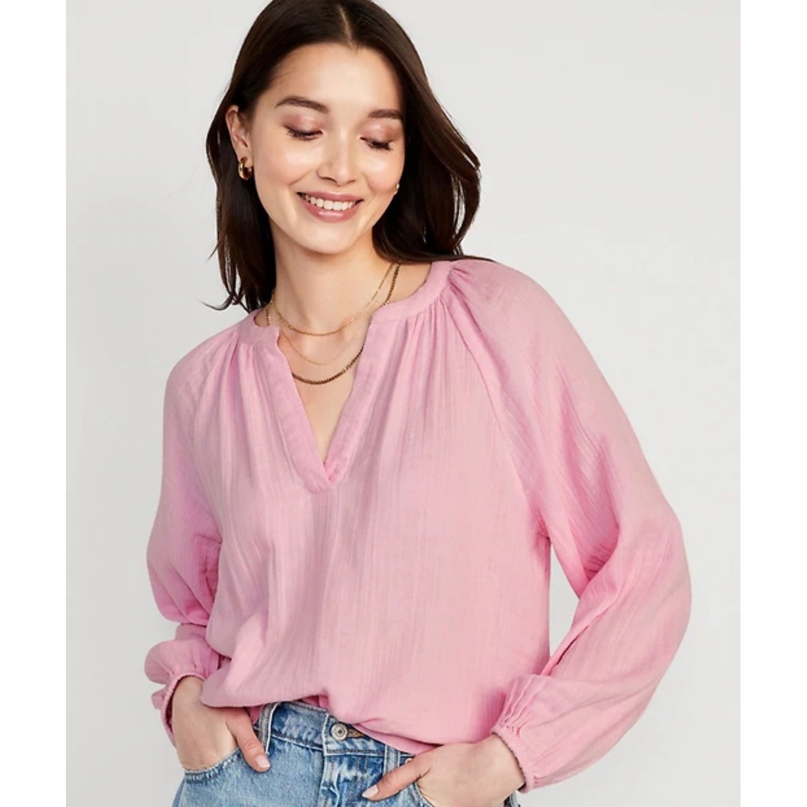 Old Navy Peasant Blouse Womens XL Tall Pink Cotton Gauze Split Neck Top