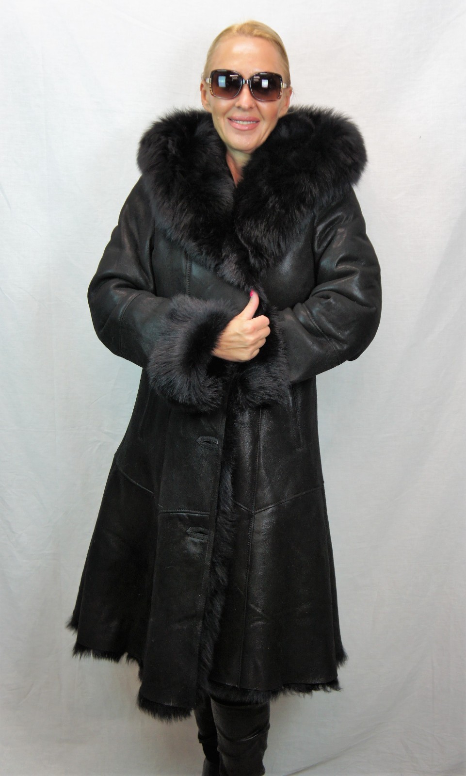 REAL 100% Sheepskin Shearling Leather Toscana Long Coat Hood DAKOTA BLACK XS-6XL