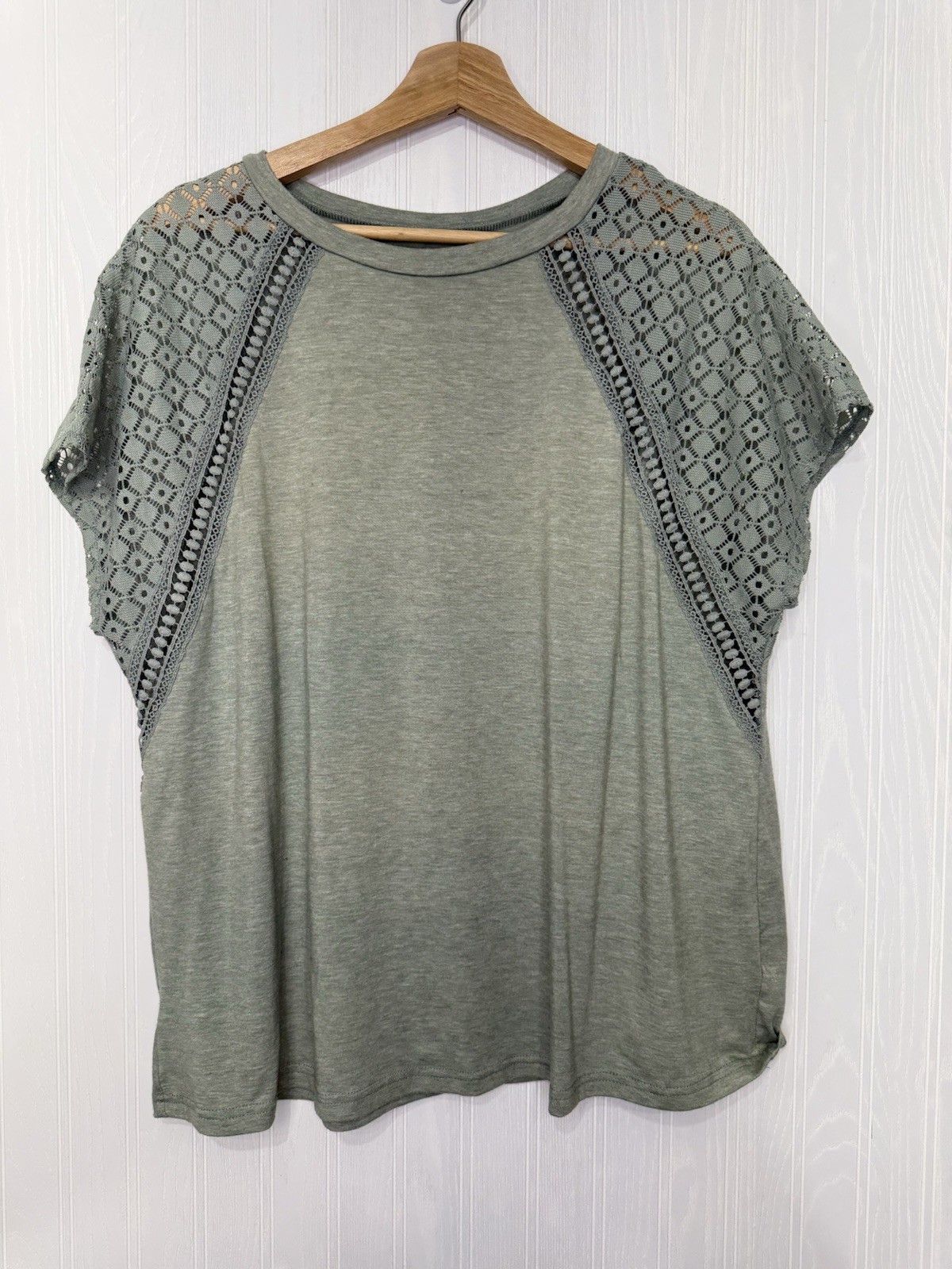 SHEIN Womens XXL Green Blouse Lace Shoulder Short Sleeve Top Boho Shirt