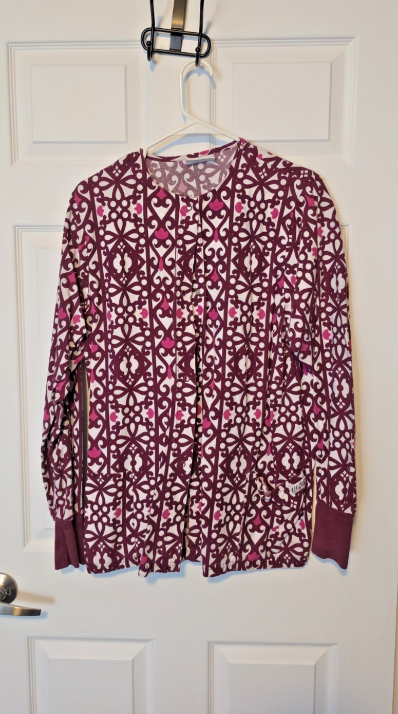 Maroon & Pink Damask Snap-Front Warm-Up Scrub Jacket: NURSING/ VET/ HEALTHCARE