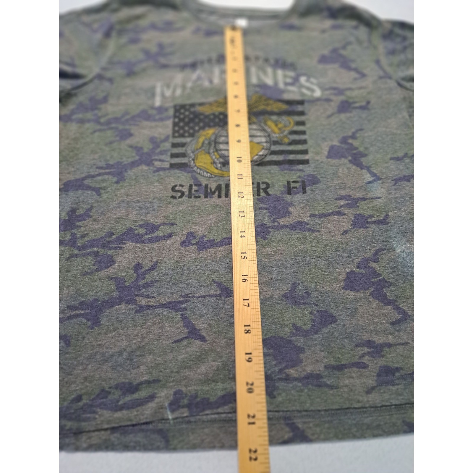 LAT Apparel US Marines Semper Fi Camo T-Shirt Ladies Large Grn Blue Graphic Tee