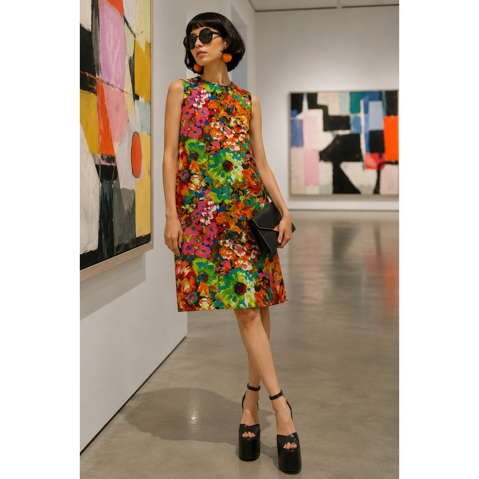 Vintage John Abbott Floral Shift Dress Multicolor Mod Sleeveless Midi Large