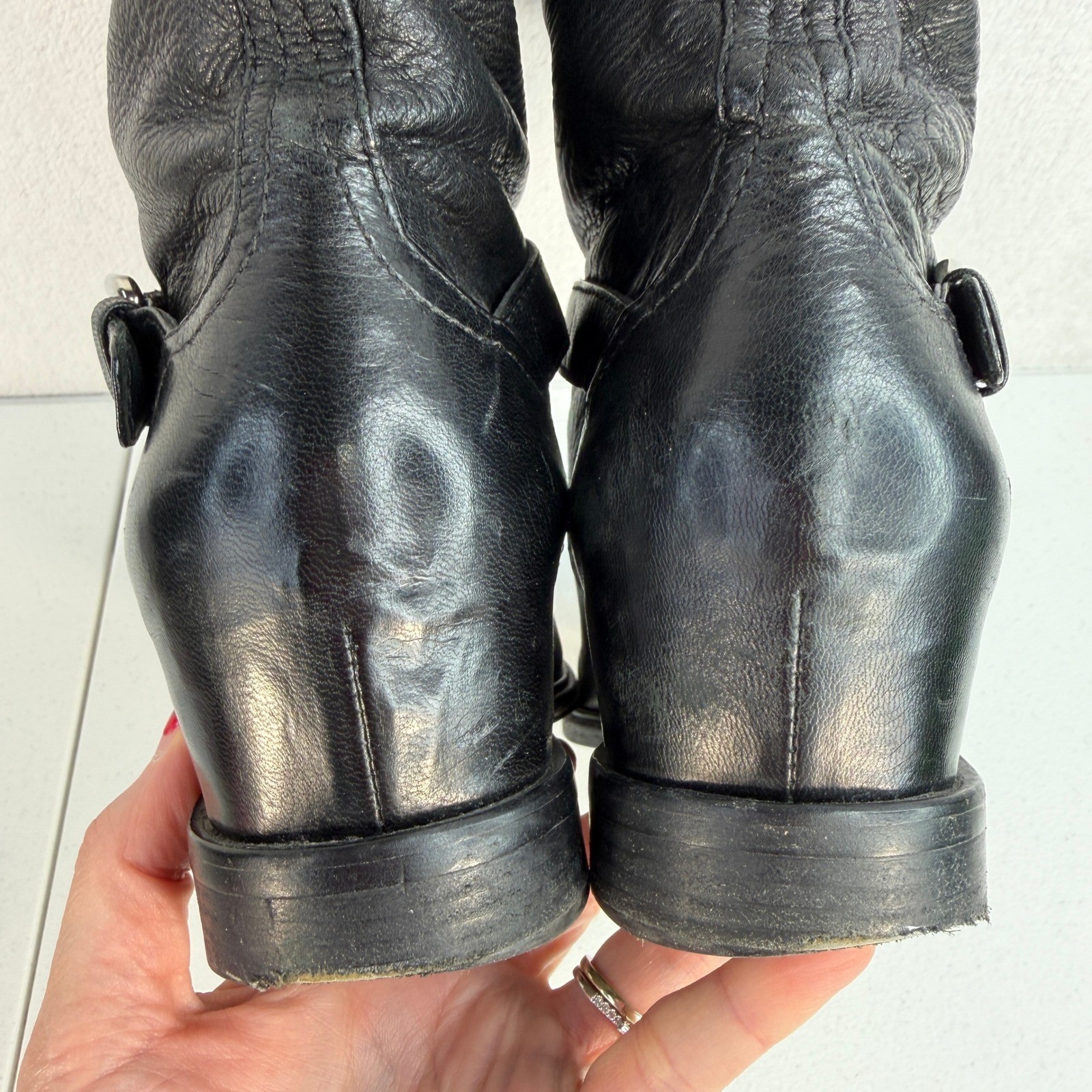 Prada 40.5 10.5 Boots Moto Engineer Hidden Wedge Buckle Leather Black Designer