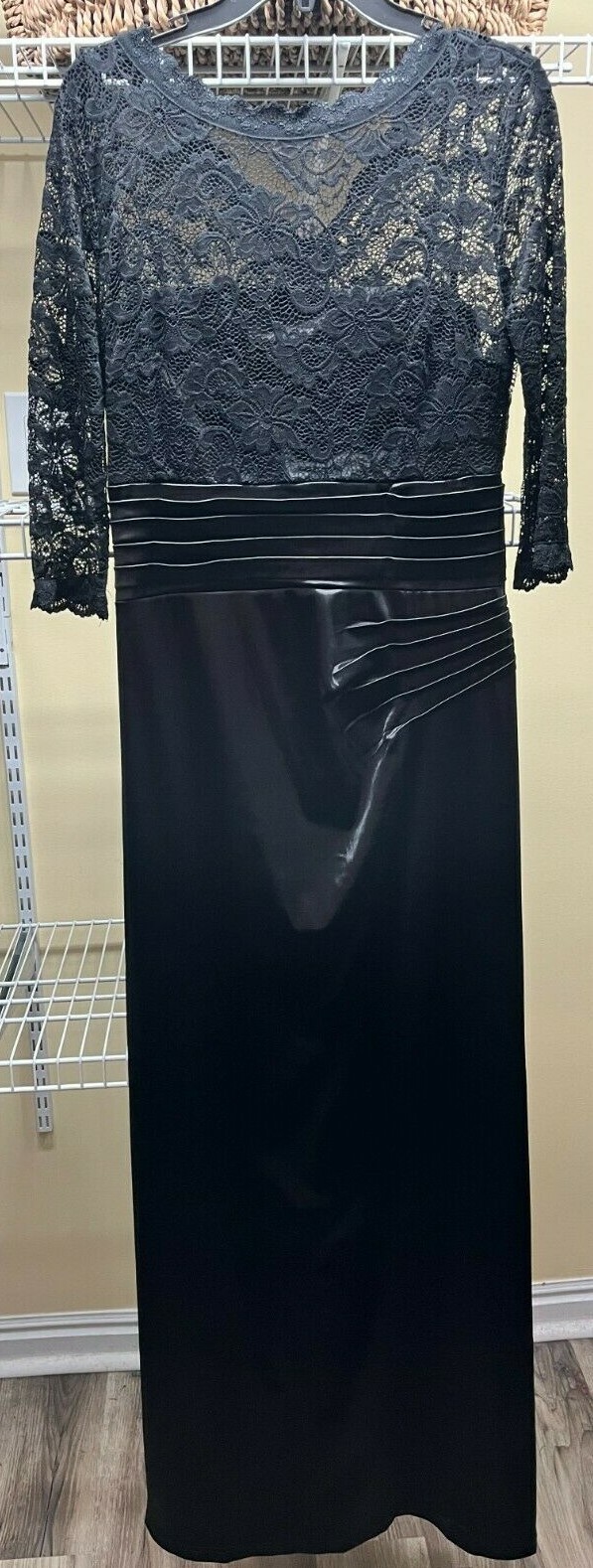 Miusol Womens Black Floral Lace Ruched Ball Gown Bridesmaid Maxi Dress Sz Lg NWT