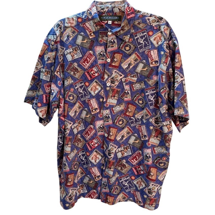 N.E. Wear Shirt Mens M Blue Cotton Rayon Vintage Matchbook Print Novelty USA Y2k