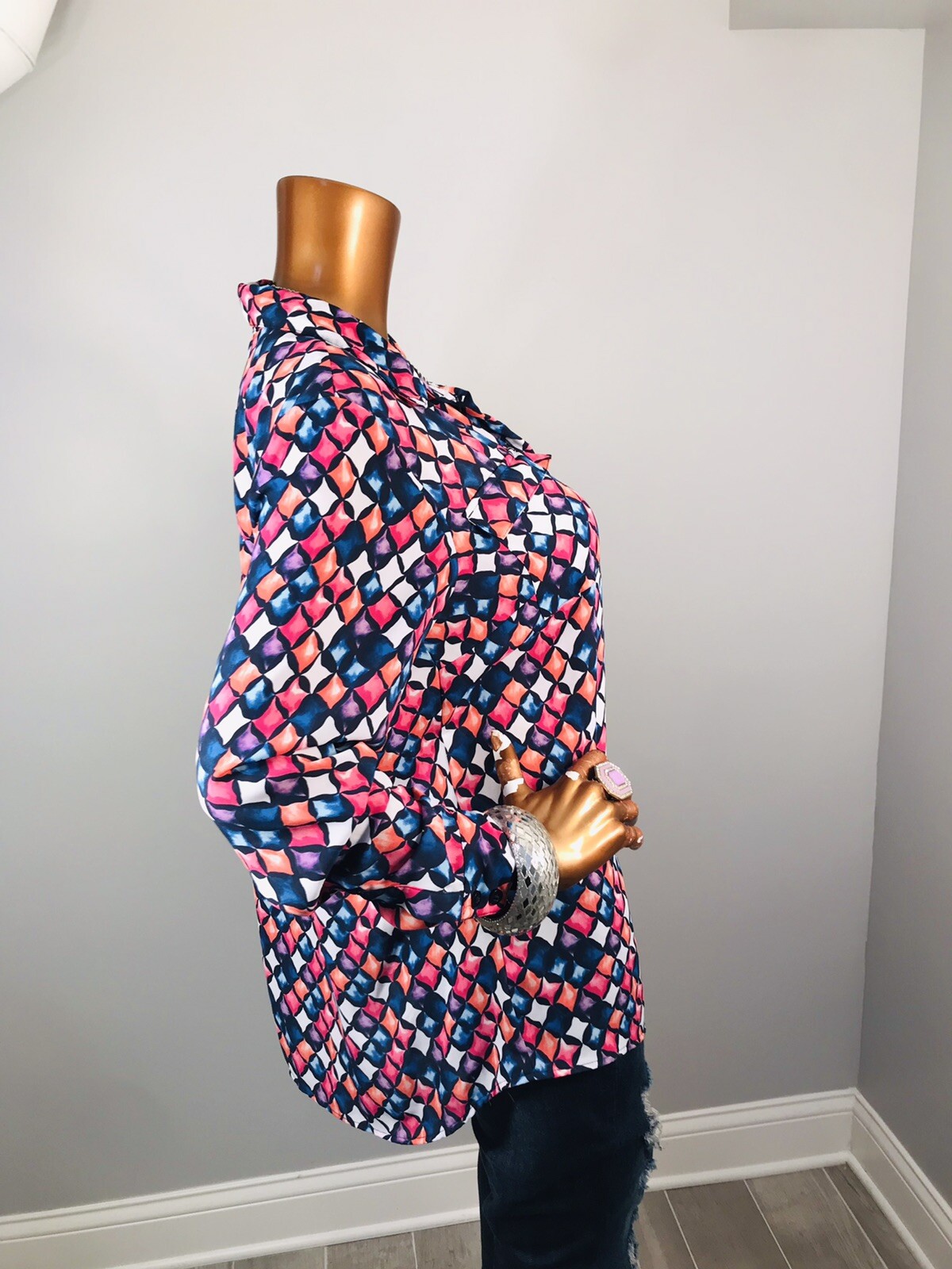 Christopher & Banks L Top Abstract 1/2 Button Up Shirt Wrinkle Resist Long Slvs
