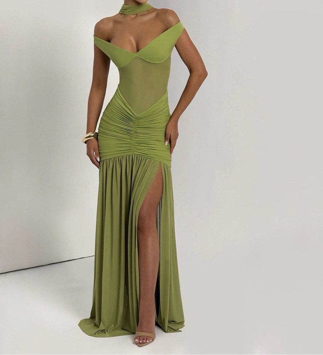 Chic Sexy Backless Mesh Maxi Dress: Green all sizes are available.