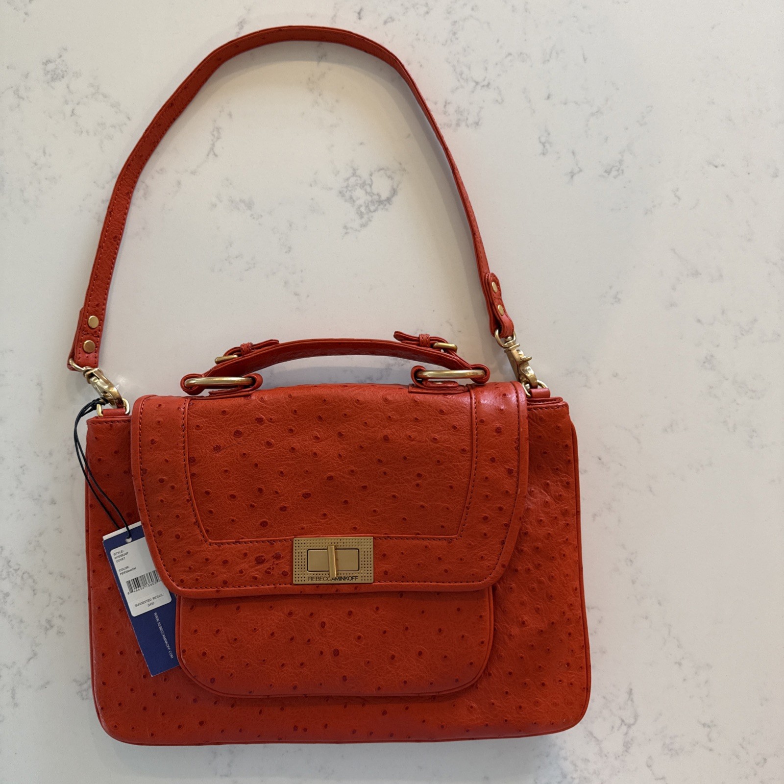Rebecca Minkoff Covet Satchel Persimmon Ostrich-Embossed Leather NWT H163B24P