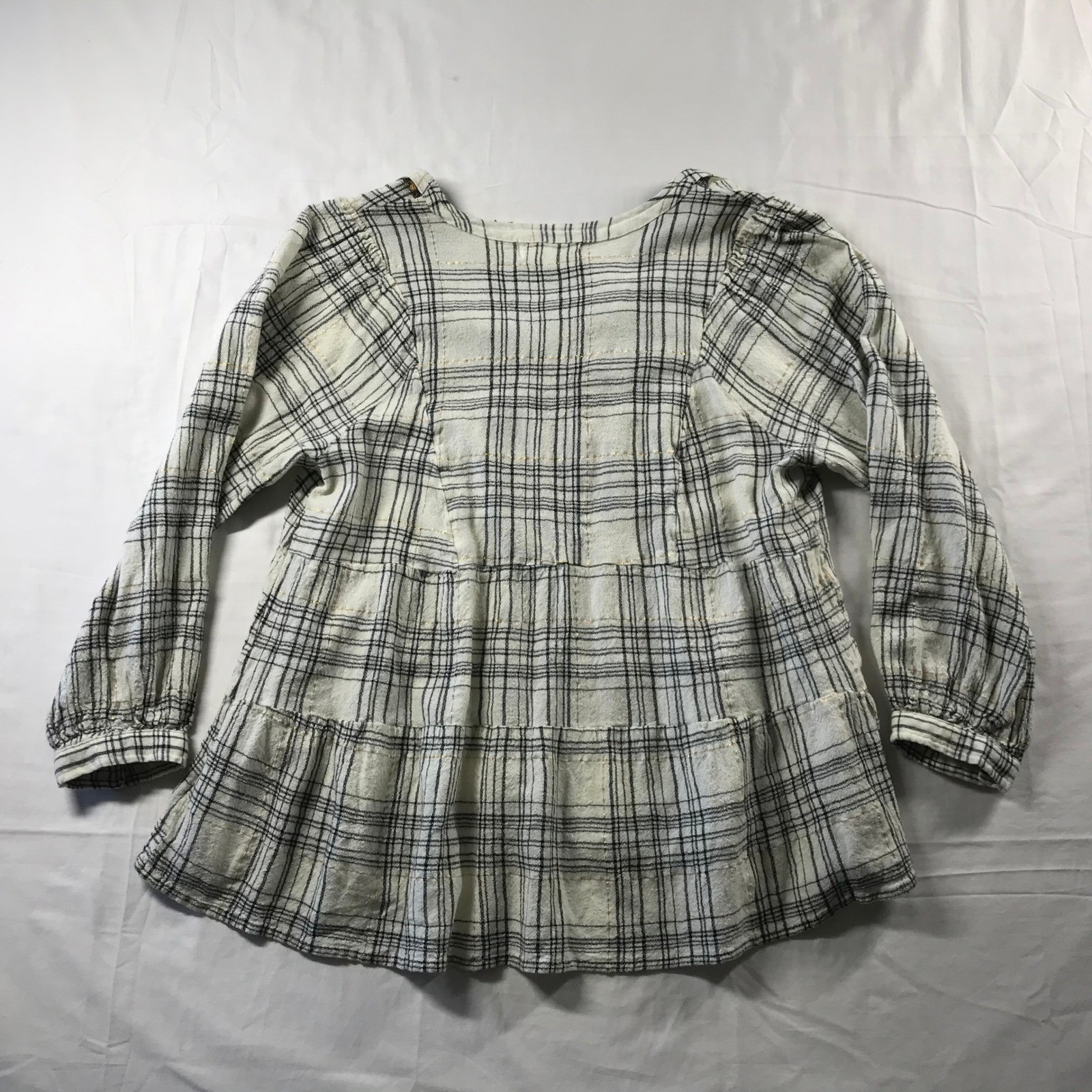 Anthropologie Plaid Floral Metallic Peplum Blouse Cream Black Wool Blend Large