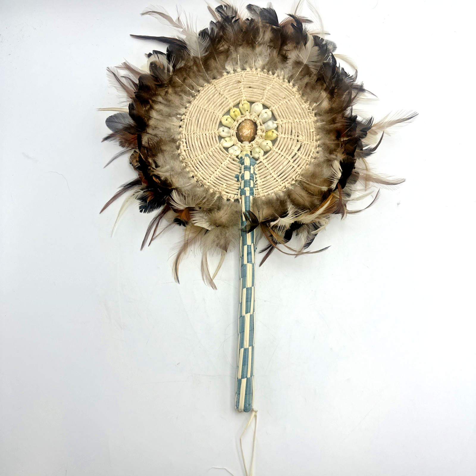 Vintage Marshall Islands Fixed Hand Fan Shells Brown Feathers Palm Fronds