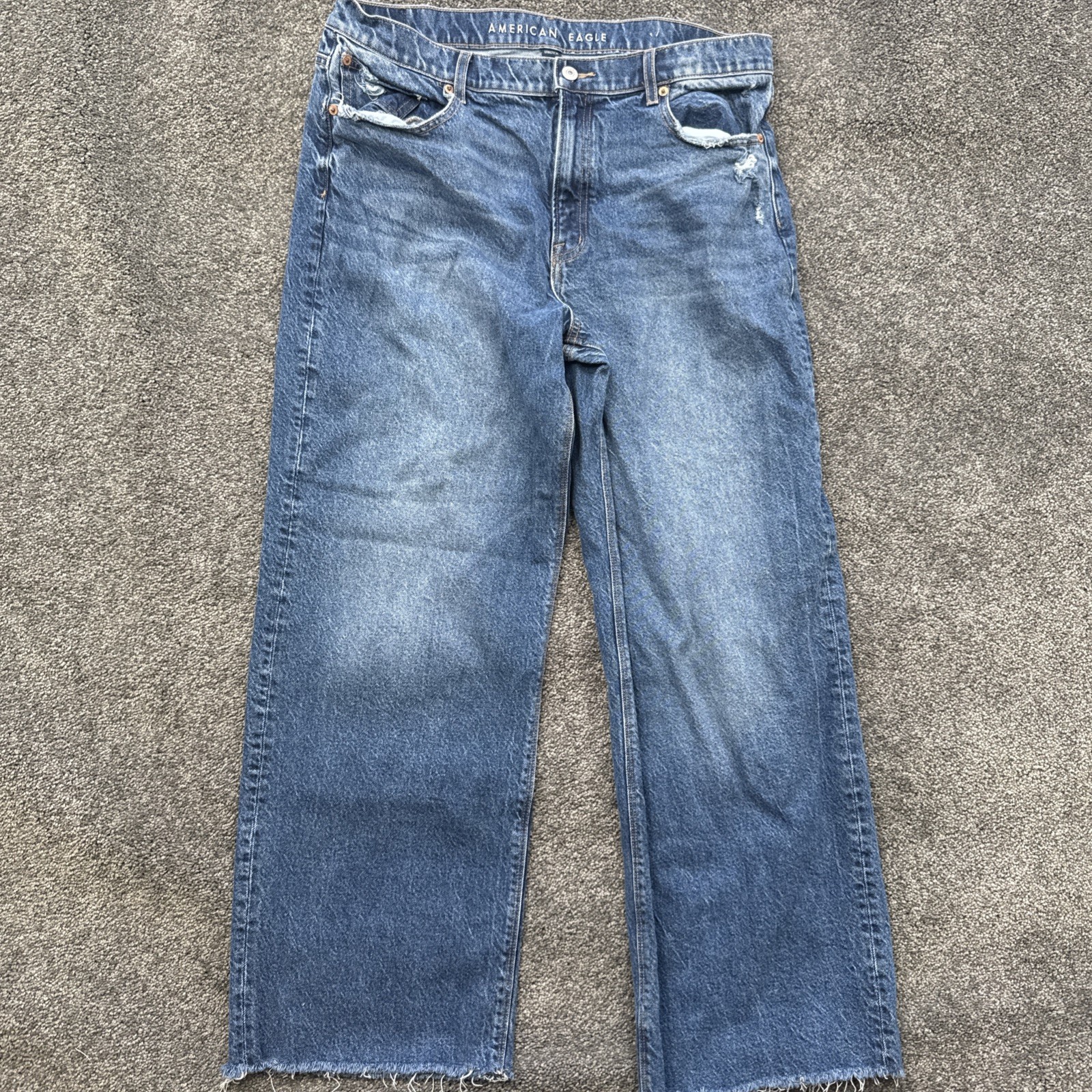 American Eagle Jeans Womens 14 Stove Pipe Wide Leg Ripped Medium Wash Blue