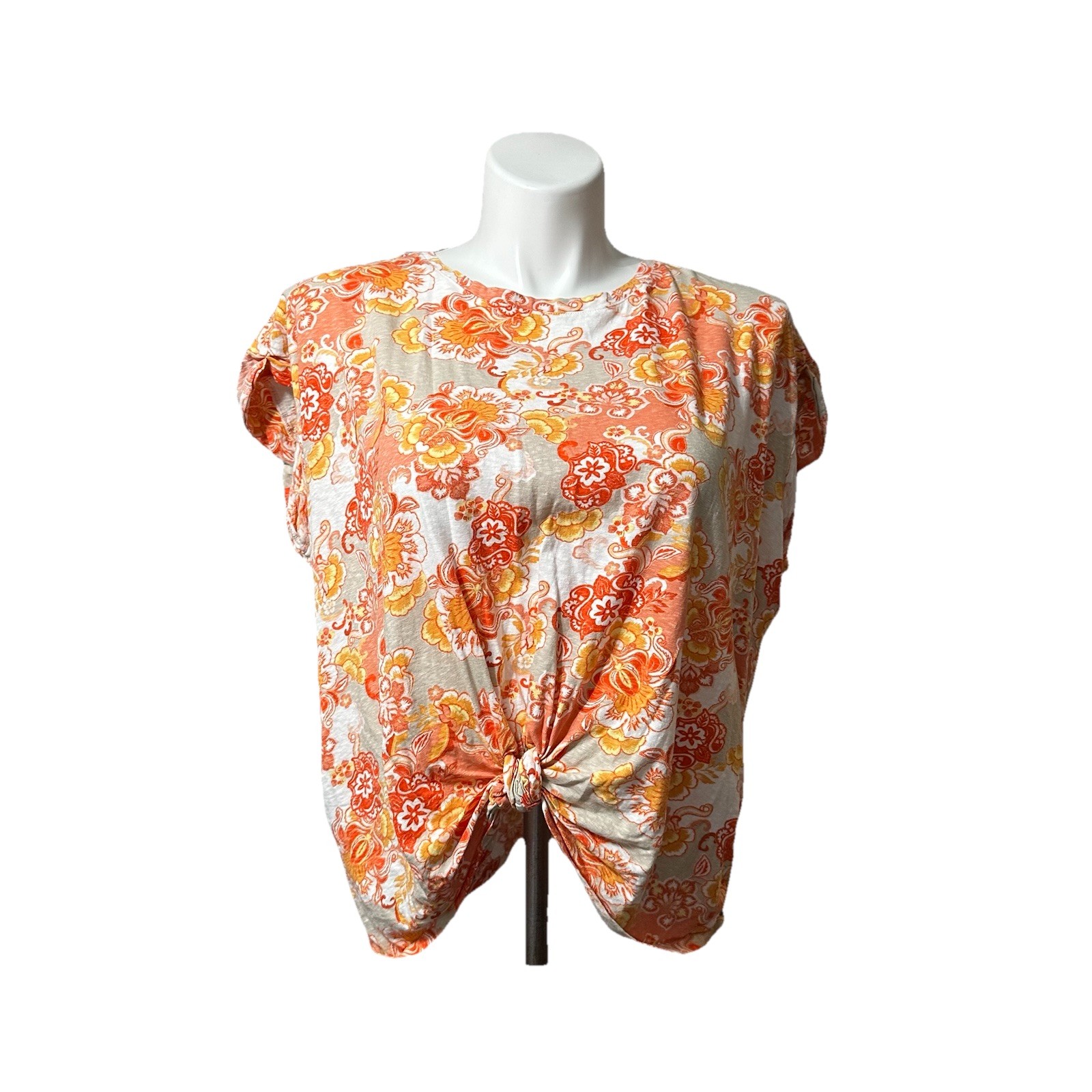 Chico’s 3 Women’s XL Shirt Orange Short Sleeve Stylish Trendy Top Floral