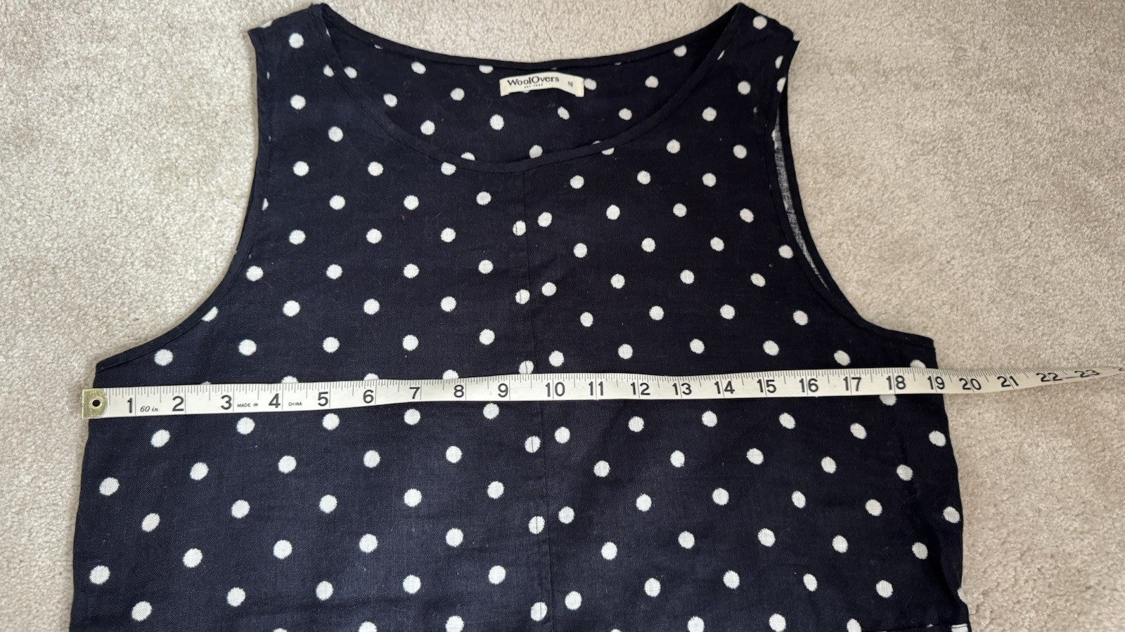 WOOLOVERS 100% LINEN NAVY/WHITE POLKA DOT SLEEVELESS DRESS SIZE 10, POCKETS