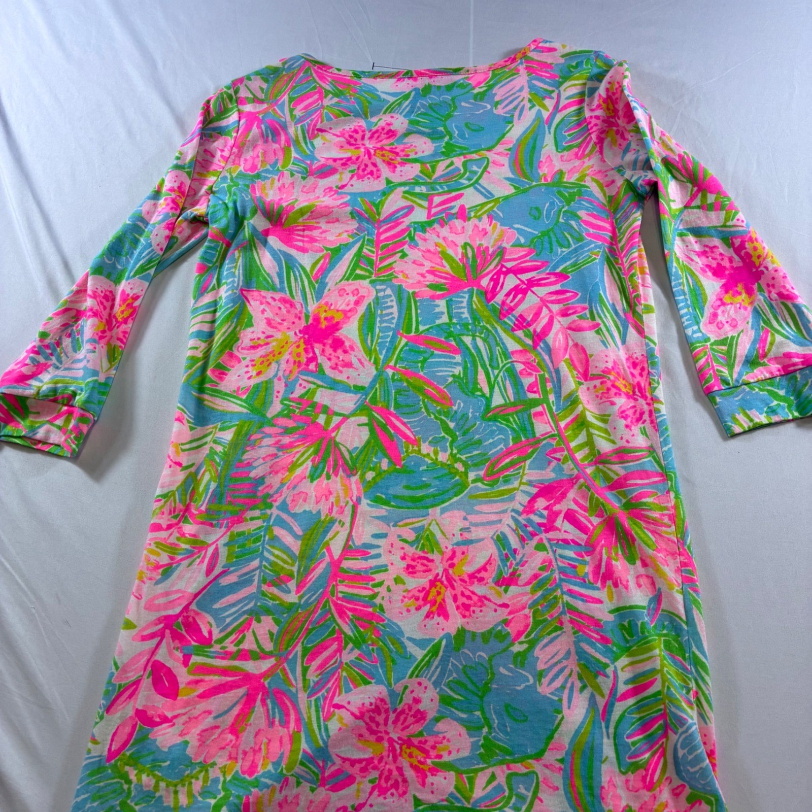 Lilly Pulitzer Womens XL Pink Blue Tropical Floral Cotton 3/4 Sleeve Shift Dress