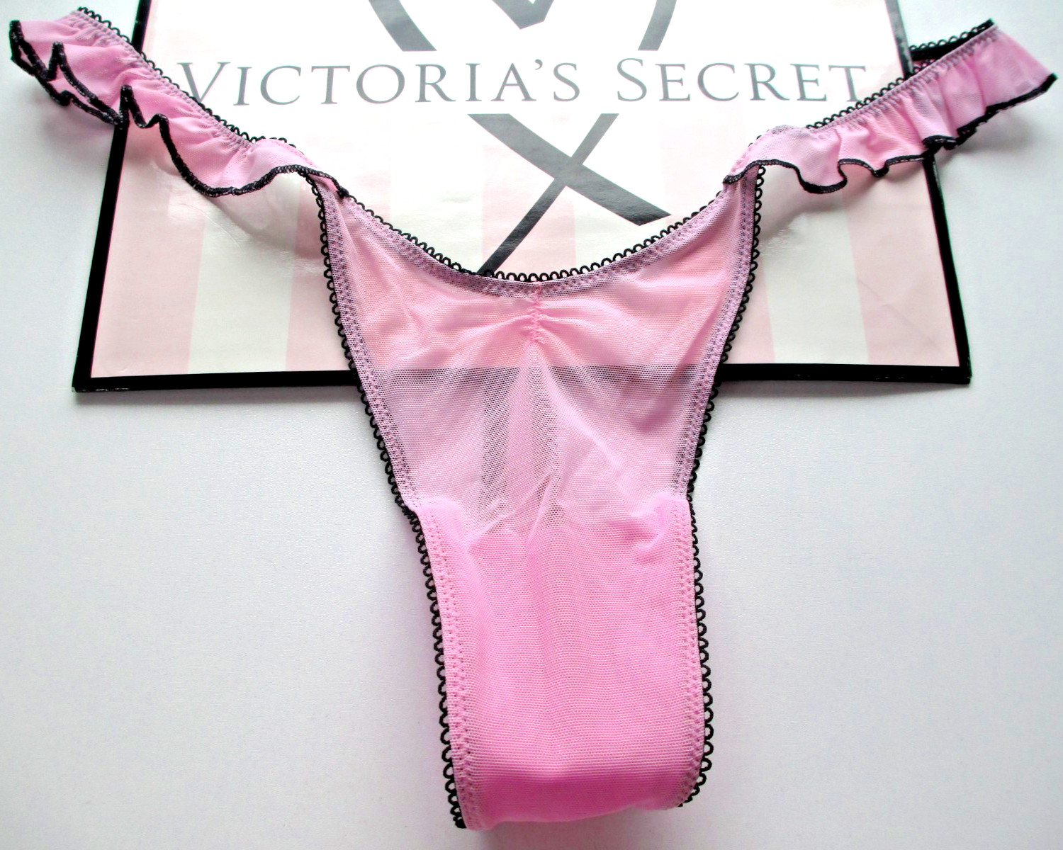 VICTORIA’S SECRET PINK High Leg Thong Panty S M L Pink Black NWT Ruffle Mesh VS
