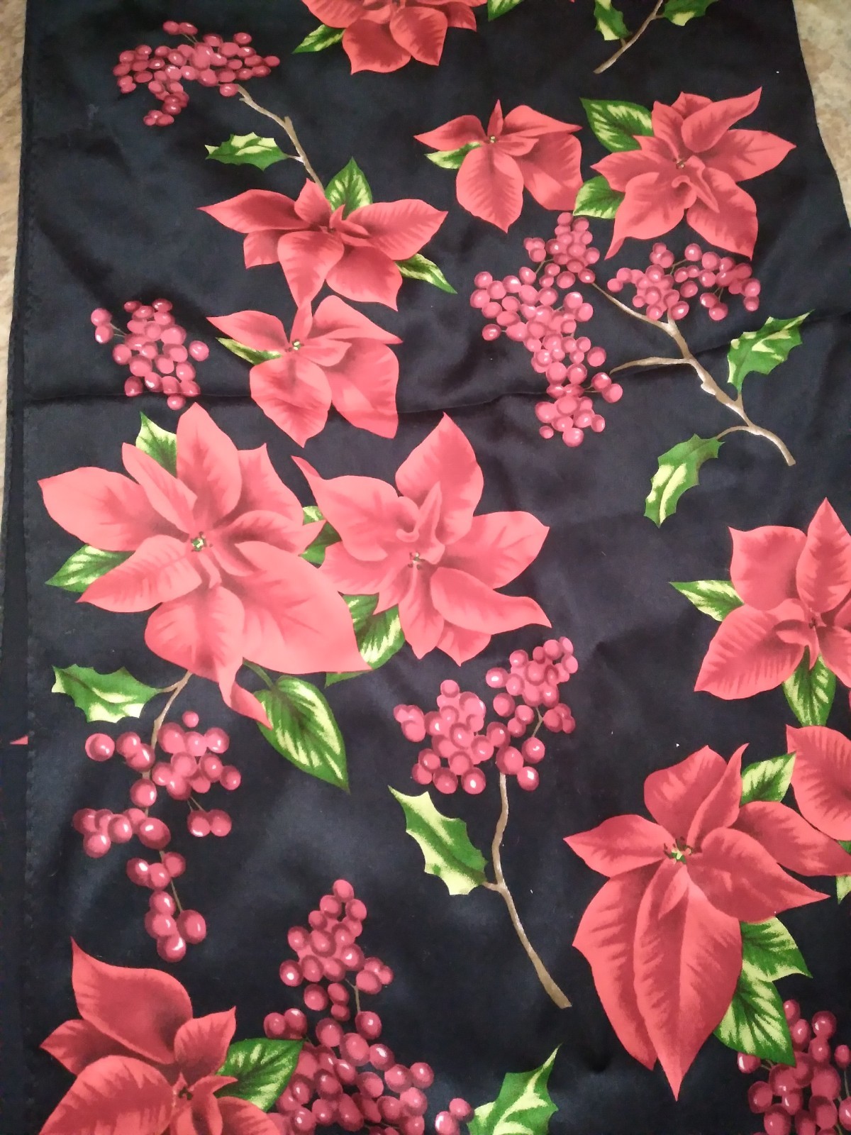 Vintage Floral Print Scarf Poinsettias Holly Berry Black Red 11 x 52