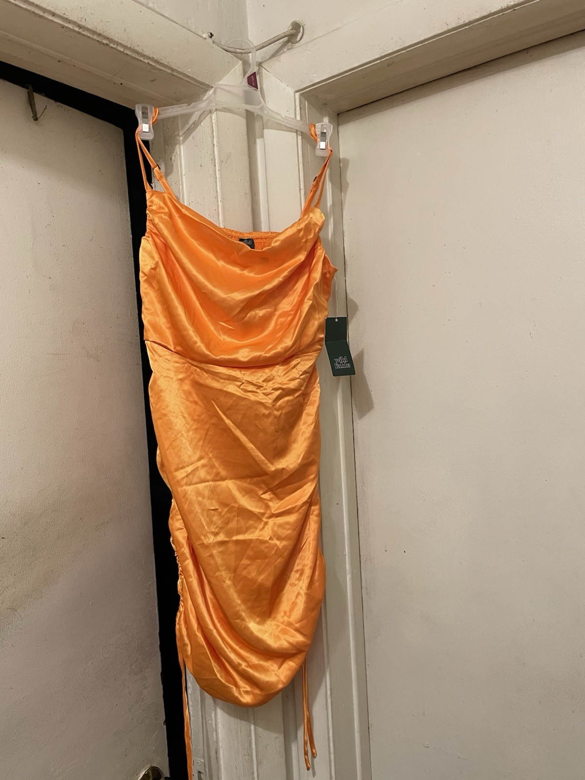 NWT Wild Fable XS Orange Satin Ruched Mini Dress Cowl Neck Bodycon