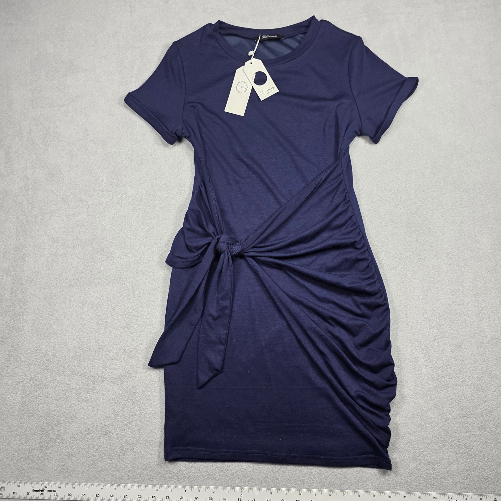 Lillusory Dress Women Small Navy Blue Tie Front Ruched Solid Wash