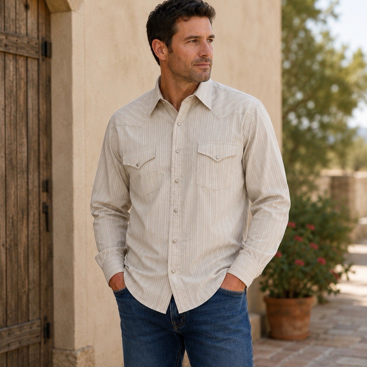 Vintage Panhandle Slim Western Pearl Snap Shirt Mens 18-35 XXL Tall Ivory Stripe
